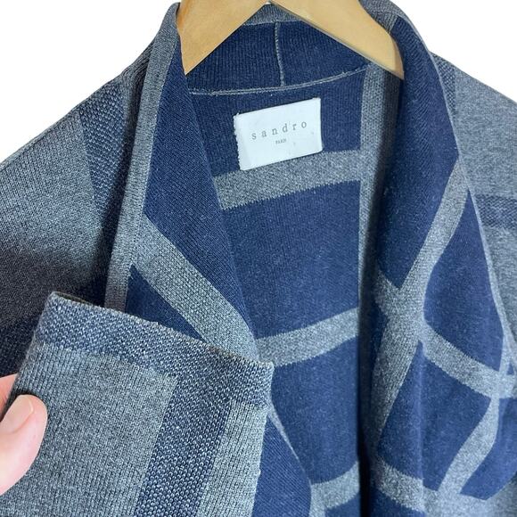 SANDRO Paris Women’s Gray and Blue Plaid Open Front Cardigan - Picture 2 of 4